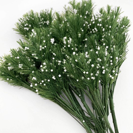 Bundle of 12 Green Fabric Pine Sprigs with White Berries ~ Austria ~ 1-1/2" Long